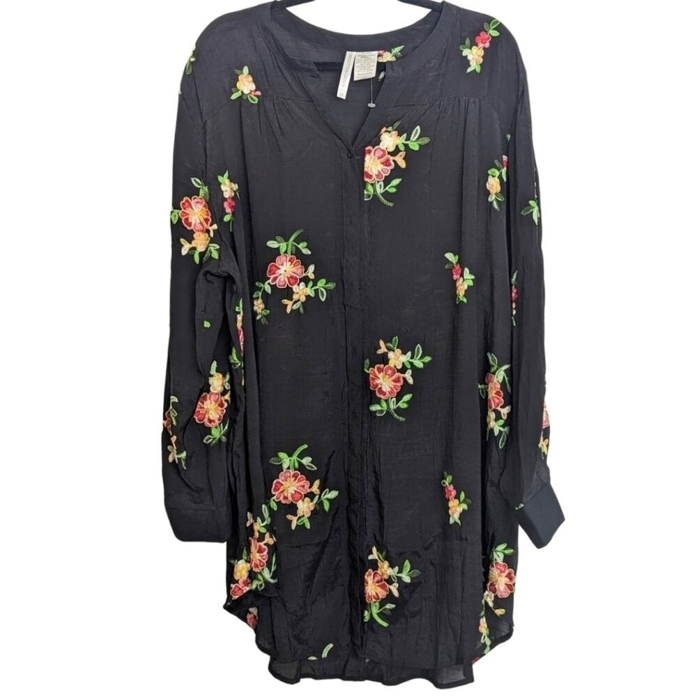 NWOT Colorful Floral Embroidered Black Semi Sheer Shirt Dress Tunic 2X